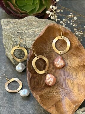 Gold Hoop Drop Earrings with Iridescent Pearl Charms - Women Jewelry